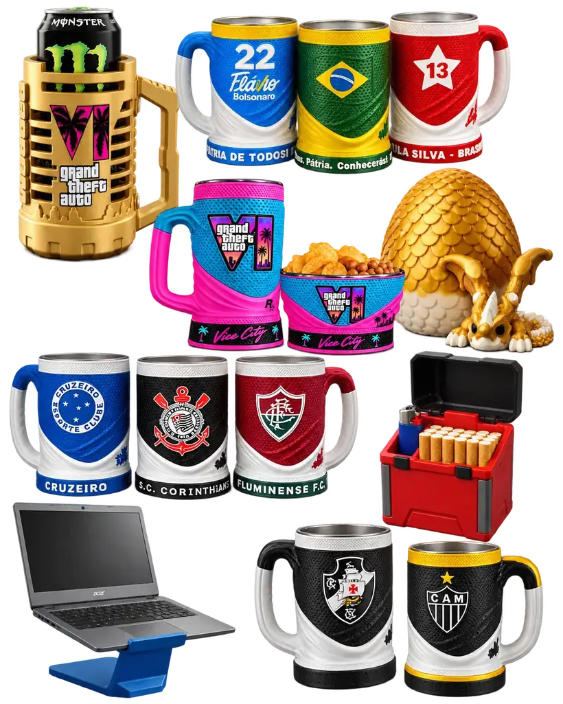Combo completo com canecas presidentes, times, suportes e produtos validados dos EUA