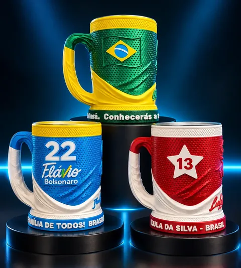 Trio de canecas 3D Brasil, Flávio Bolsonaro e Lula
